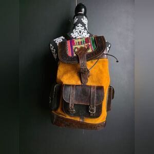 Vintage Yellow and Brown Bolivia Tooled Leather Suede Tapestry Full Backpack